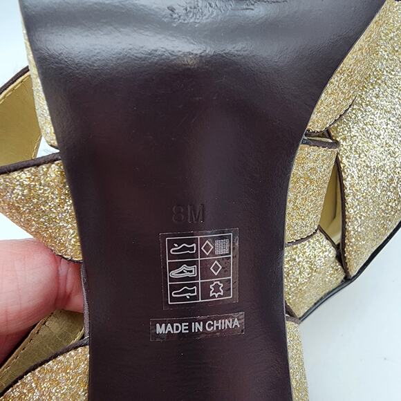 M by Marinelli Sparkle Gold Peep Toe Heels Size 8 Dark Brown Strappy Cocktail - Picture 8 of 10